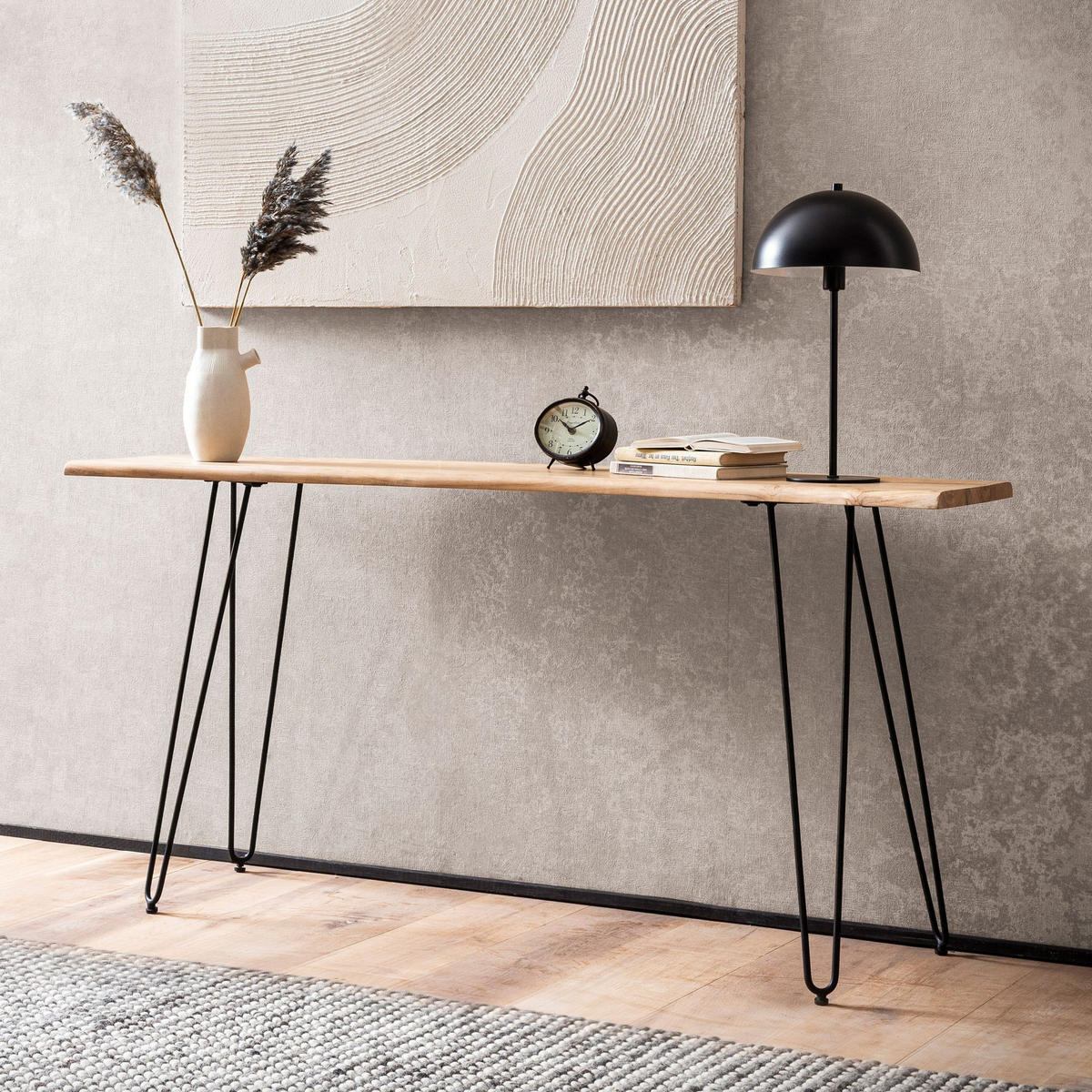 KONSOLENTISCH – Akazie Massivholz, 150x36x75 cm, mit Baumkante, Haarnadelbeine, Metallgestell - Schwarz/Akaziefarben, Holz/Metall (36/150/75cm) - KADIMA DESIGN