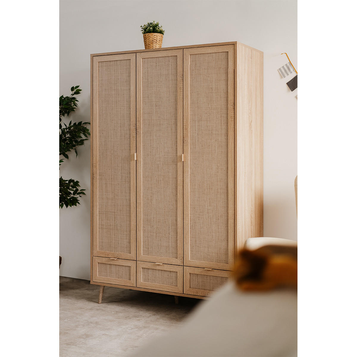 SCHRANK mit 3 Türen, 3 Schubladen, 2 Kleiderstangen L120cm - Rattan-Druck - Bali - Eschefarben, Holzwerkstoff (55/195/120cm) - Calicosy