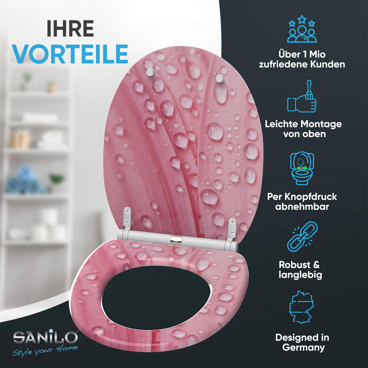 WC-SITZ mit Absenkautomatik & Top Fix Pink Flower - Pink, Holzwerkstoff (37.7/5.5/48cm) - Sanilo