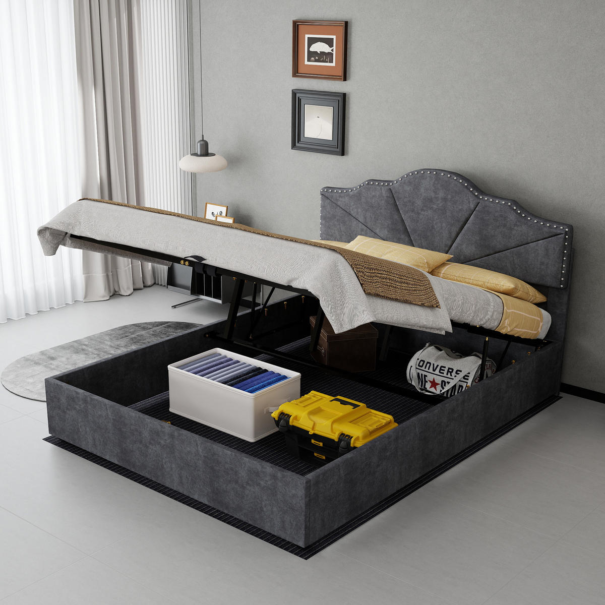 POLSTERBETT 140/200 cm in Grau Stoff mit Gepolstertem Kopfteil und Geometrischem Design - Grau, Holzwerkstoff/Textil (140/200cm) - STILVORA
