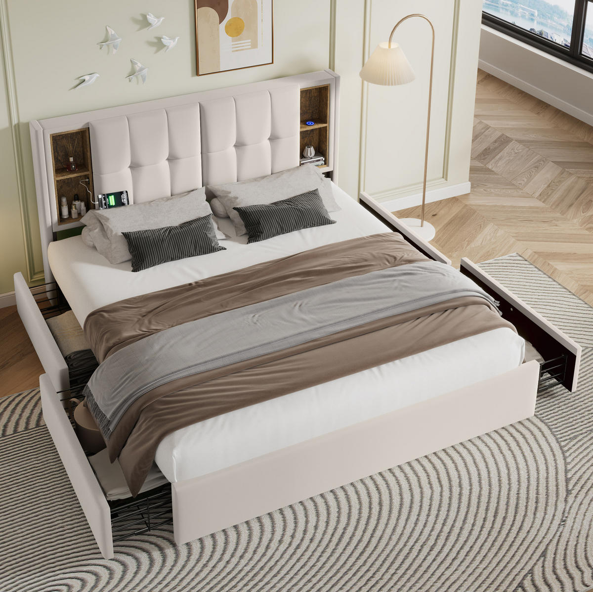 SAMT-POLSTERBETT 160/200 cm mit 4 Schubladen, USB-C und kabelloser Ladefunktion - Beige, Textil (160/200cm) - BEAOK