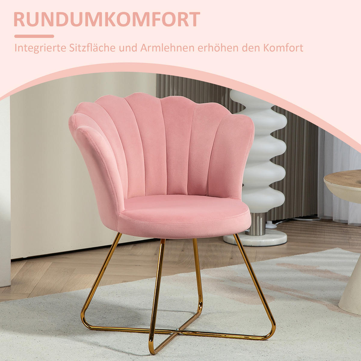 SESSEL Loungesessel mit Armlehnen, Metallbeine, Rückenlehne im Lotus-Design - Rosa, Metall (64/80/69cm) - HOMCOM