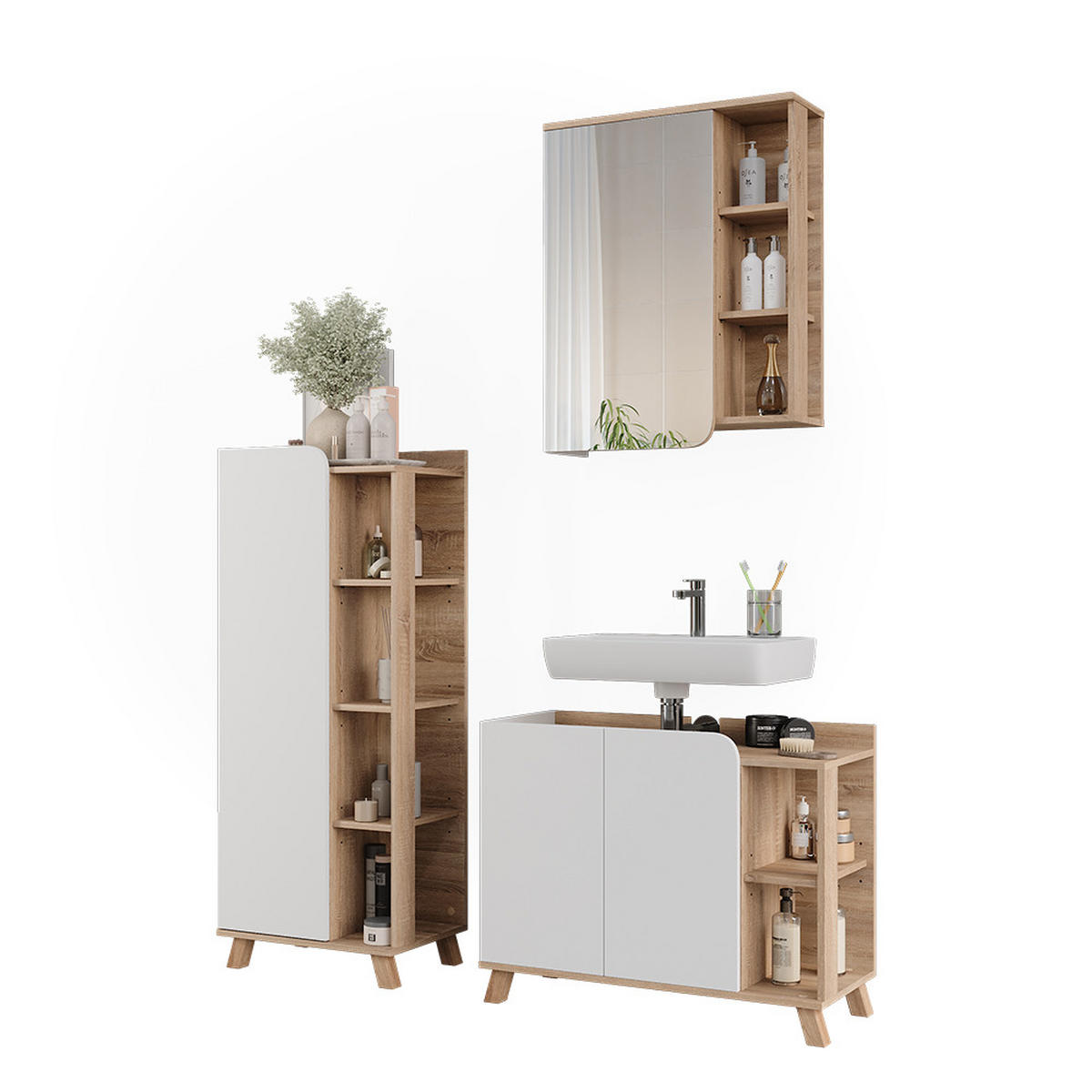 BADMÖBEL-SET Karen Sonoma/Weiß 3 Teile - Weiß/Sonoma Eiche, Holzwerkstoff (80/65/35cm) - Vicco