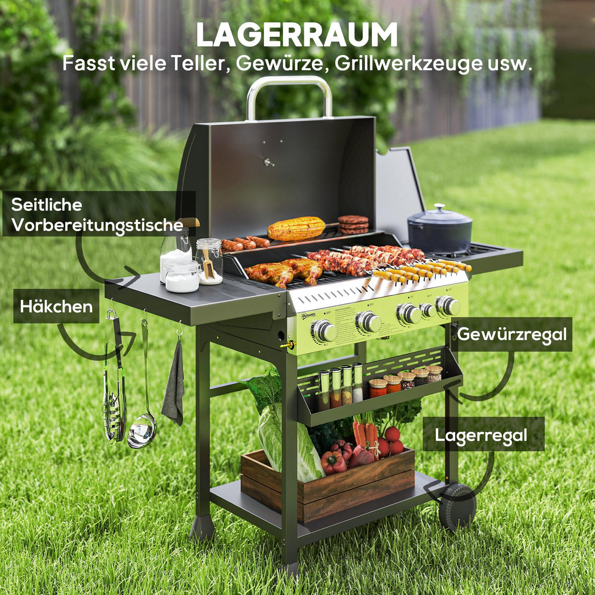 GASGRILL DE-10049 4 Hauptbrenner + Seitenkocher Schwarz - Schwarz, Metall (55/103/135cm) - ComfortXL