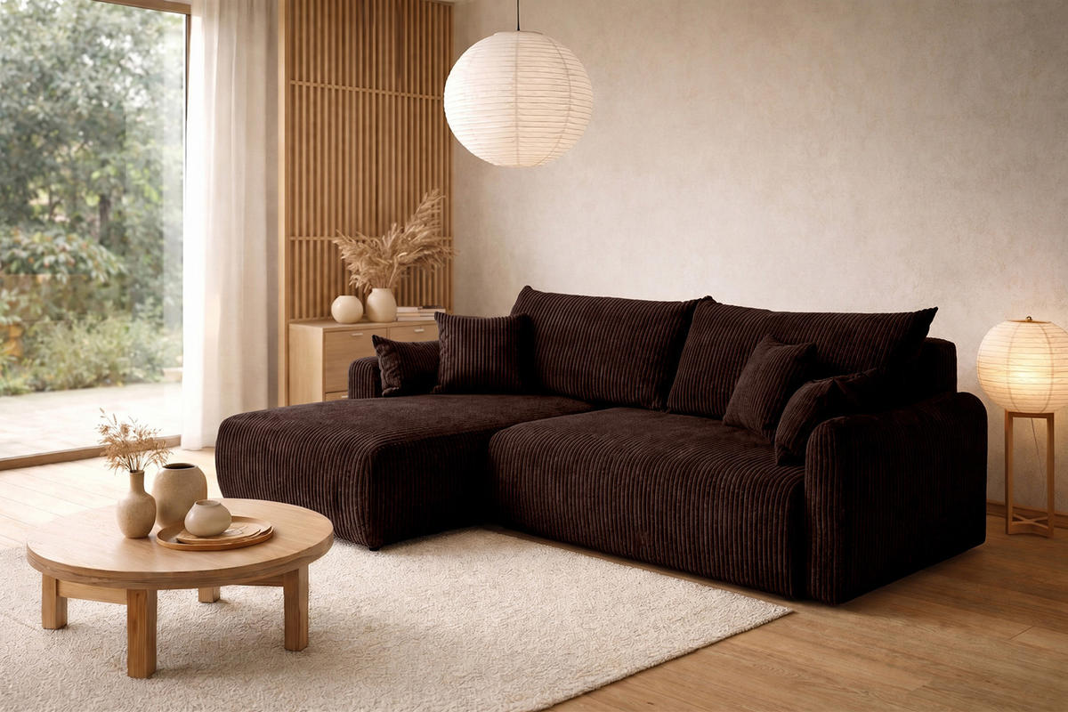 ECKSOFA Mit Schlaffunktion, Cordstoff Poso, Braun, Links, JAPANDI - Braun, Holz (262/145cm) - Kaiser Möbel