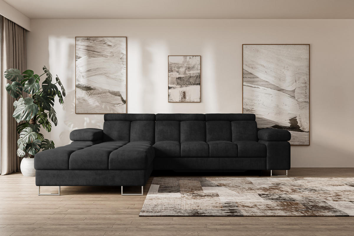 ECKSOFA mit Schlaffunktion Ottomane Links COMA L 271x203x79 Schwarz Velours - Schwarz, Holzwerkstoff/Textil (271/203cm) - ALTDECOR