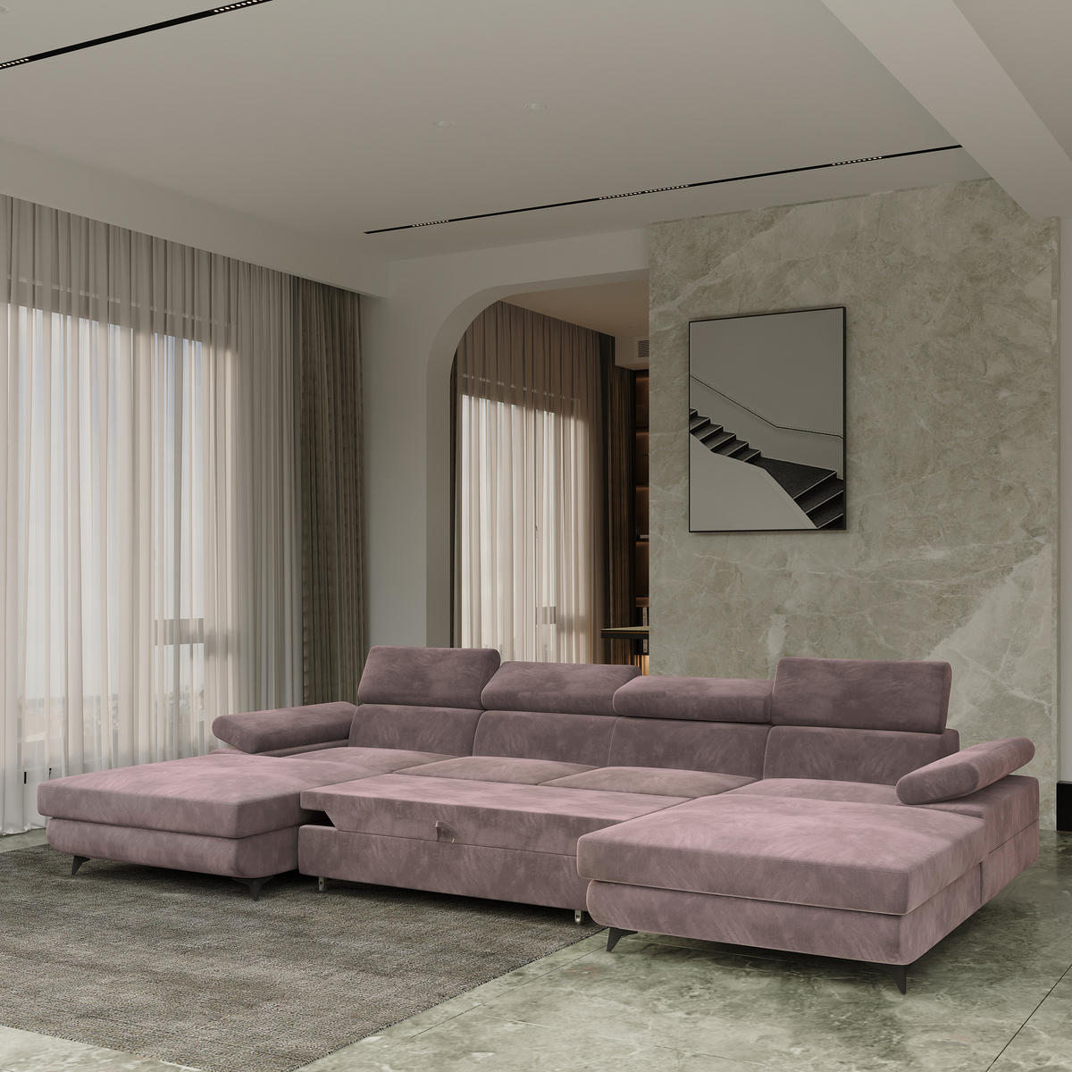 WOHNLANDSCHAFT DETTI Lila Velours-Stoff mit Schlaffunktion - Lila, Holz (339/89/190cm) - MASSENO