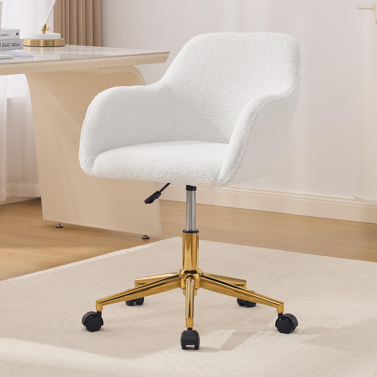 DREHSTUHL 58/58/86 cm ivory aus Lammfell-Optik mit 360° Drehung - Creme, Textil (58/86/58cm) - OKWISH