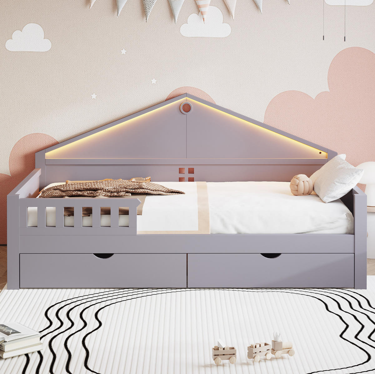 KINDEREINZELBETTEN aus Holz und MDF 90x200 cm in Grau mit LED & 2 Schubladen - Grau, Holz (90/200cm) - Modfu
