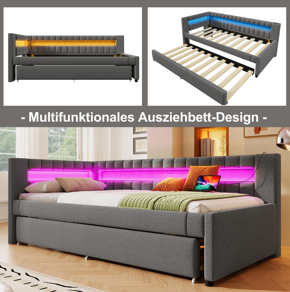 POLSTERBETT 180/200 cm aus Samt mit Bettkasten und hydraulischer Funktion Grau - Grau, Textil (180/200cm) - Modenvie