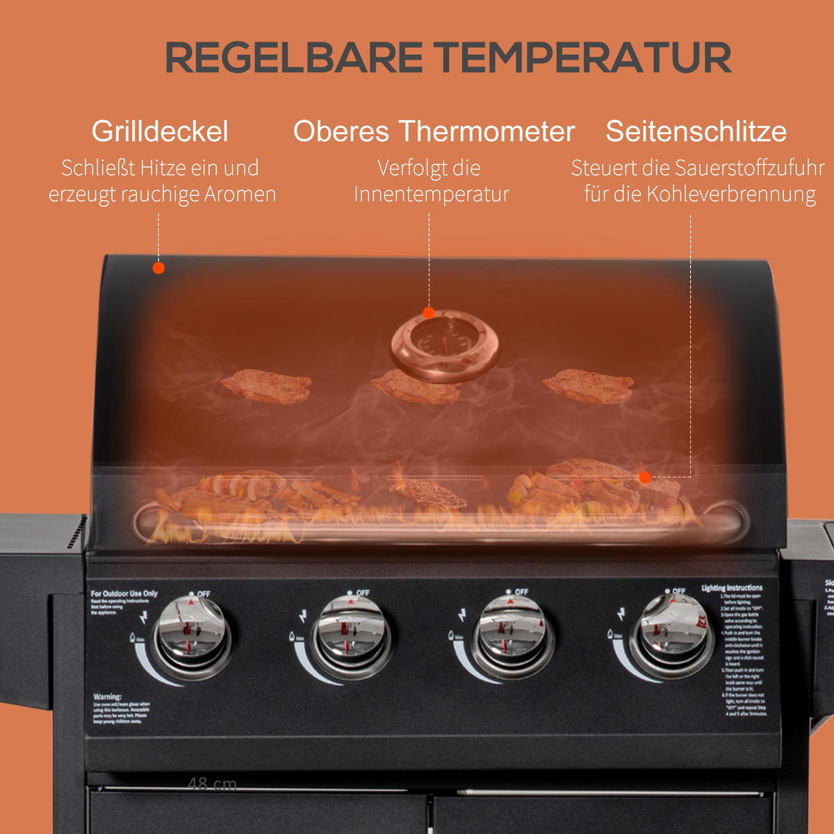 GASGRILL BBQ mit 3 Brennern je 3 kw mobiler Grillwagen mit 4 Rädern Metall Schwarz 132,4cm x 55cm x 109cm - Schwarz, Metall (55/109/132.4cm) - Outsunny