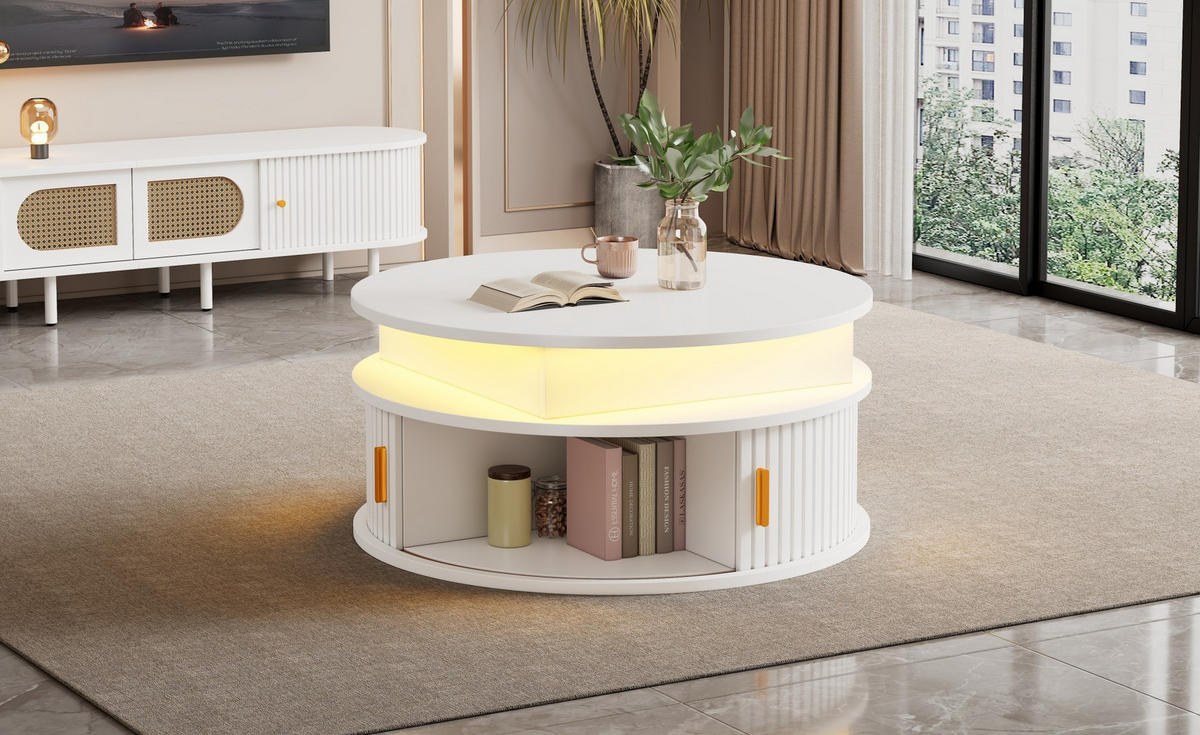 COUCHTISCH 75/75/52 cm höhenverstellbar mit LED-Beleuchtung, Rollladentüren und Stauraum aus MDF, Weiß - Weiß, Holzwerkstoff (75/75/52cm) - Redom