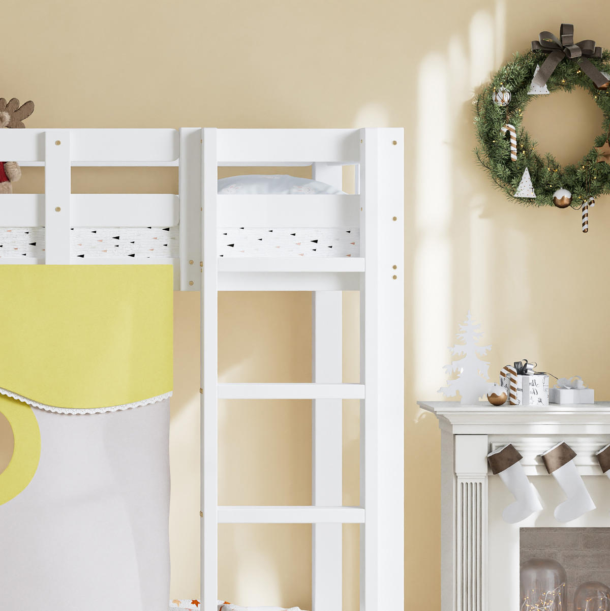 ETAGENBETT 90/200 cm mit Treppe, Rutsche, Bettvorhang und Fallschutz aus Holz, Weiß - Weiß, Holz (90/200cm) - Redom