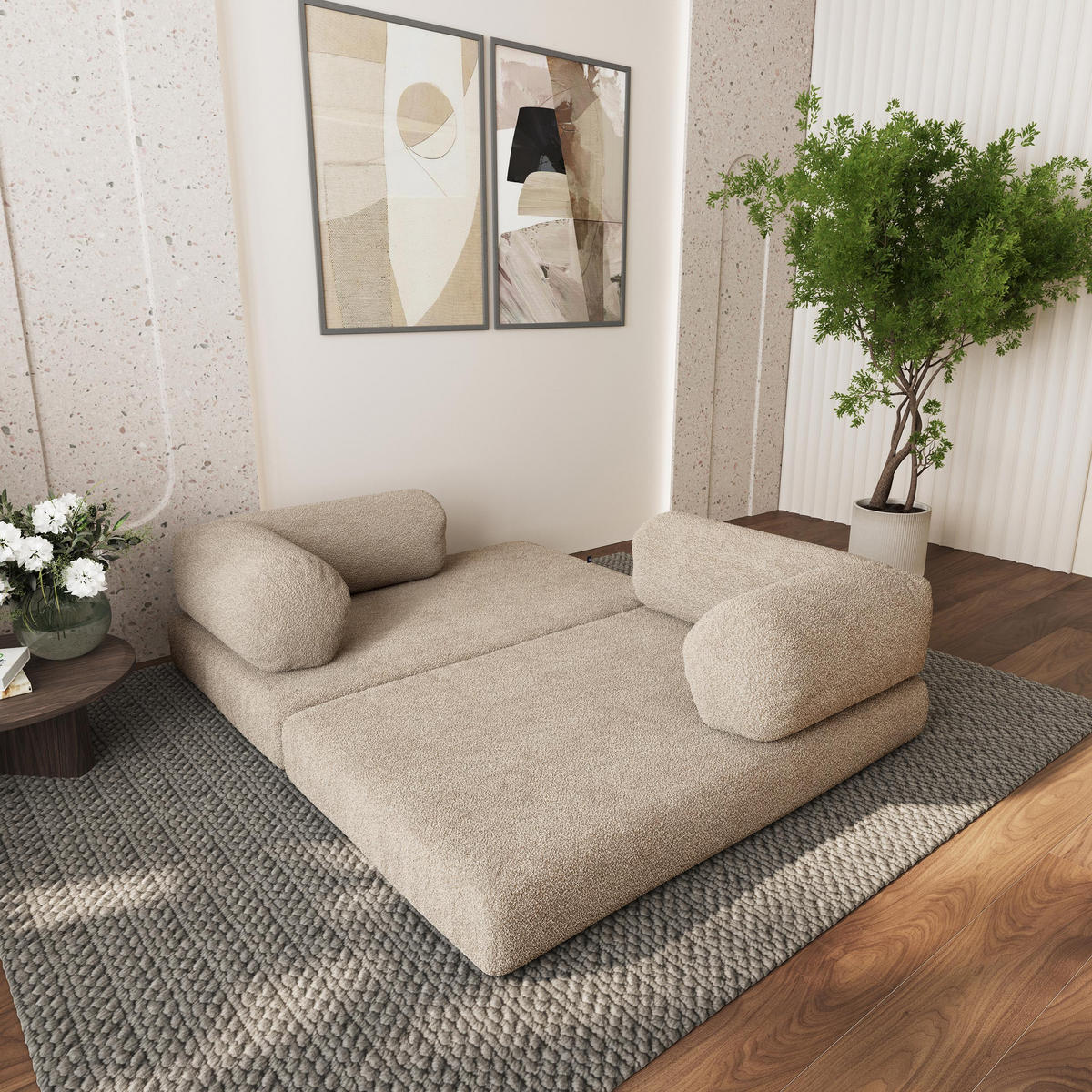 ECKSOFA KELI modulares Boneless Sofa mit Schlaffunktion Beige Boucle-Stoff - Beige, Textil (270/160cm) - MASSENO