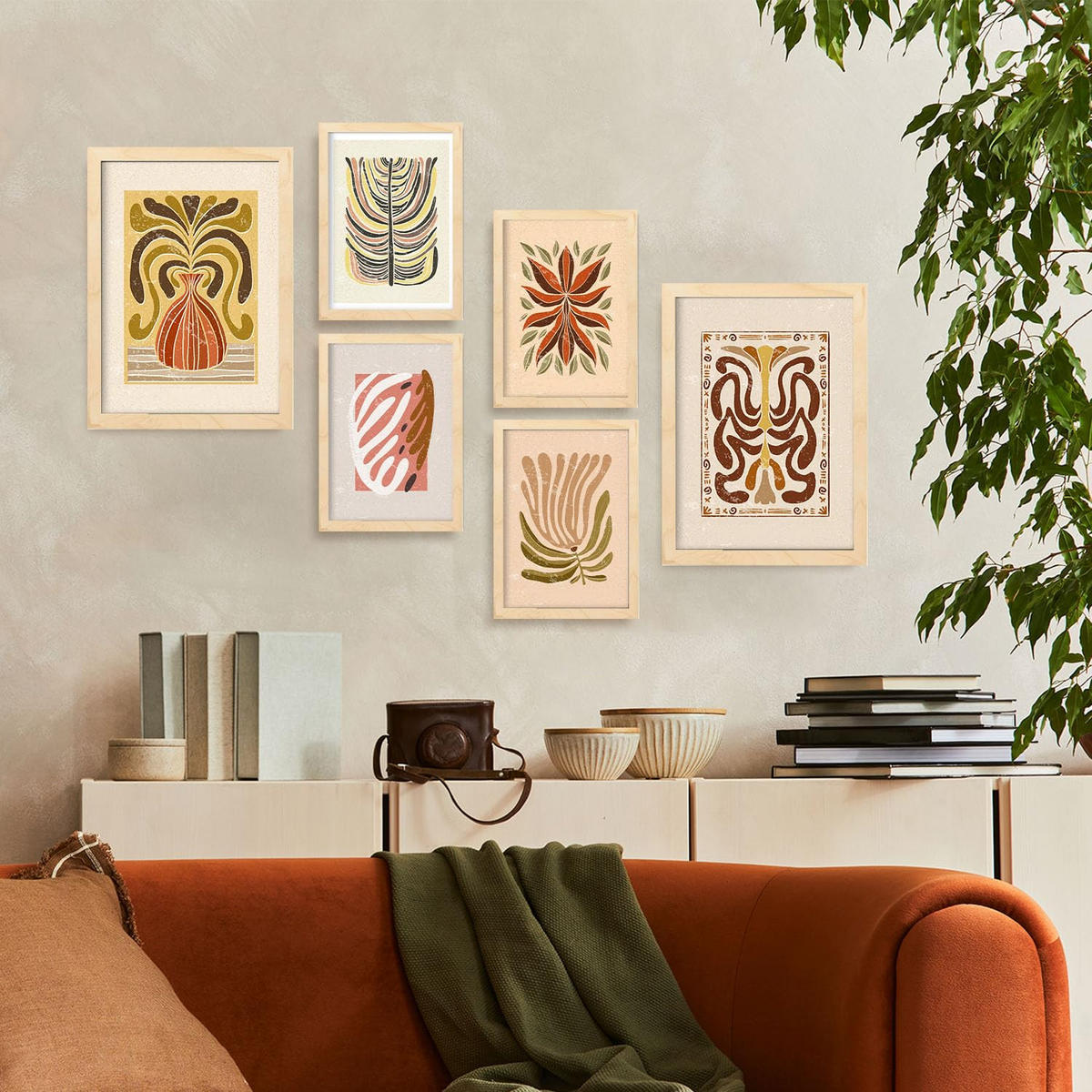 POSTER Set Mit 6 Drucken Von Stielen In Der Sammlung Ethnischer Style Drucke Dekorative Für Zuhause Wandkunstdruck A3 & A4 Rahmen Aus Hellem Holz - Beige, Papier (29/3cm) - Nacnic
