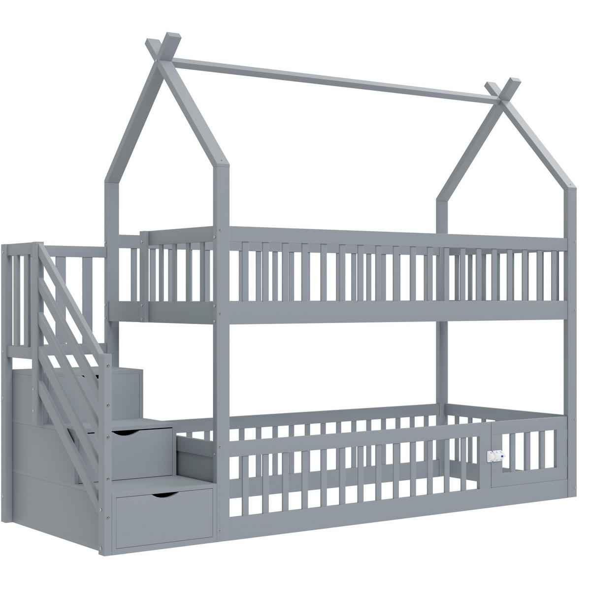 ETAGENBETT 90/200 cm Grau mit Dach, Sicherheitstreppe und Stauraumschubladen - Grau, Holz (90/200cm) - MIVRAY