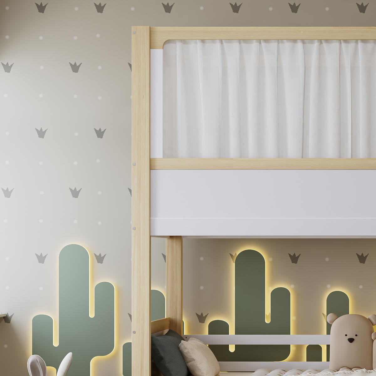 ETAGENBETT 90/200 cm Weiß+Natur mit Kinderrutsche und Stauraum - Weiß, Holzwerkstoff (90/200cm) - OKWISH