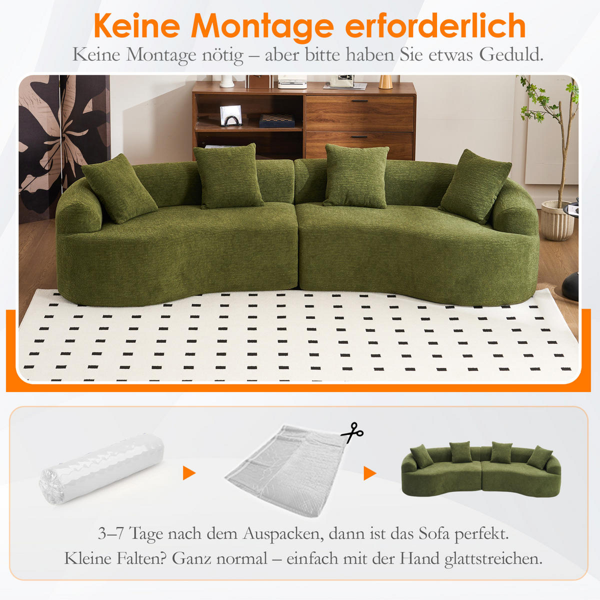 SOFA geschwungene Form 275 cm Chenille Grün - Grün, Kunststoff (115/63/275cm) - Meubliv