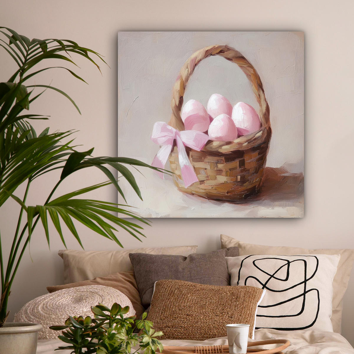 LEINWANDBILD Korb - Eier - Rosa Deko Groß 90x90 cm - Beige, Textil (90/90cm) - MuchoWow