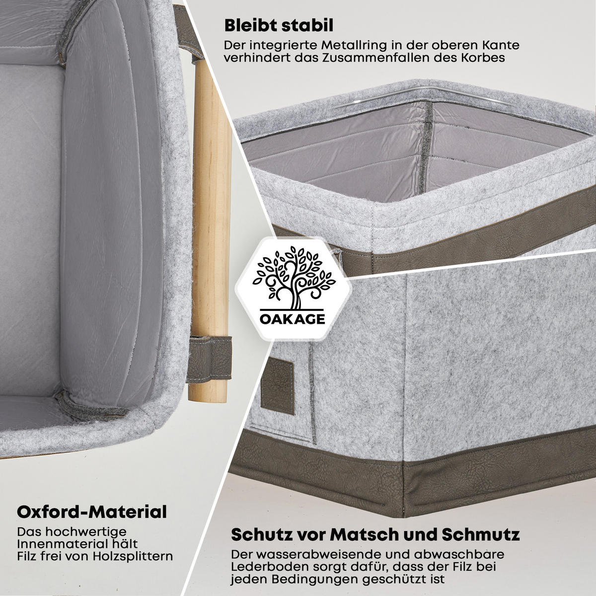 KAMINHOLZKORB FireMaster Filz mit schmutz- und wasserabweisendem Innenlayer und Lederboden 42/32/35 cm - Grau, Textil (32/35/42cm) - OAKAGE
