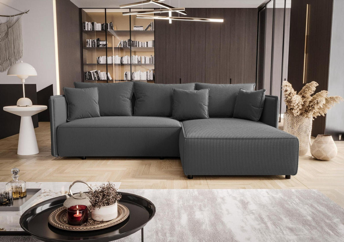 ECKSOFA MILANO rechts dunkelgrau Cord Poso 60 - Schlaffunktion, Bettkasten - Anthrazit, Textil (245/184cm) - Cornero