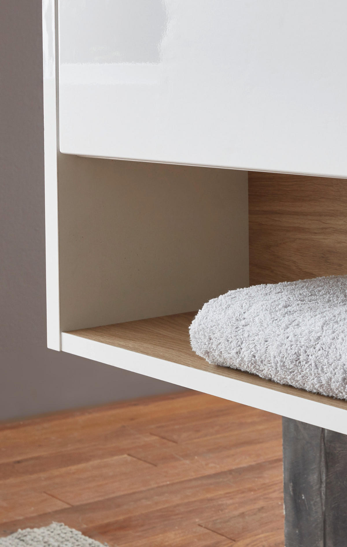 WADSCHTISCHKOMBI weiß Hochglanz und Eiche, Doppelwaschtisch inkl. 2x Waschbecken, Breite 120 cm - Weiß Hochglanz/Eichefarben, Holzwerkstoff (120/44/47cm) - Furn.Design