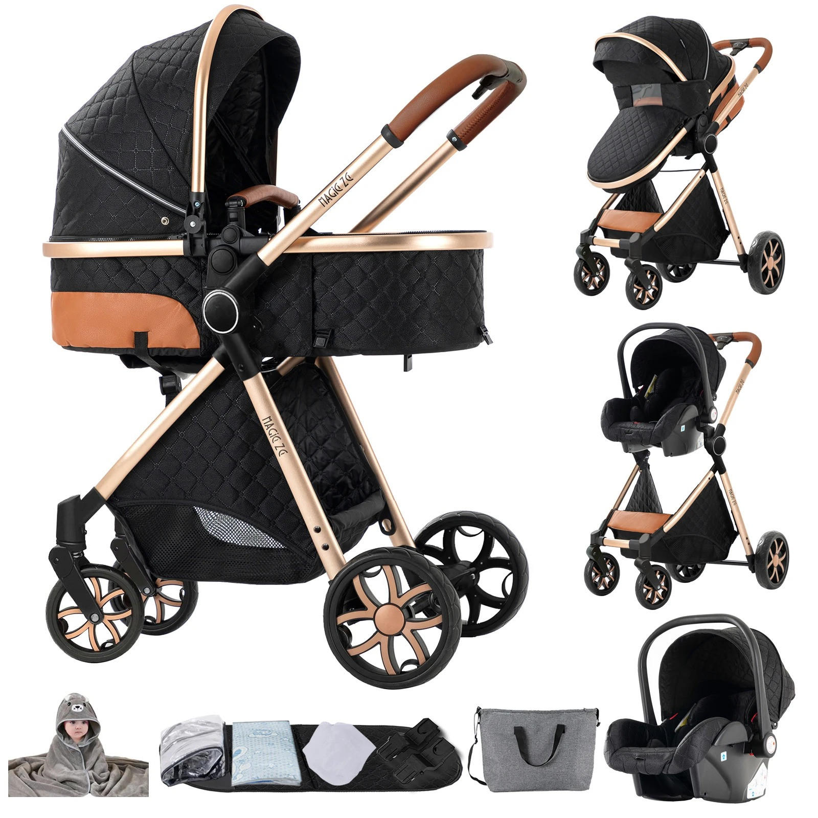 KINDERWAGENSET 3-in-1 mit Autositz, Neugeborenen-Sicherheitsgurt mit fünf Punkten, stoßdämpfend, faltbar, YV9-Schwarz-Gold - Goldfarben, Metall (80/60cm) - Kaket