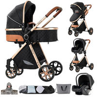 KINDERWAGENSET 3-in-1 mit Autositz, Neugeborenen-Sicherheitsgurt mit fünf Punkten, stoßdämpfend, faltbar, YV9-Schwarz-Gold - Goldfarben, Metall (80/60cm) - Kaket