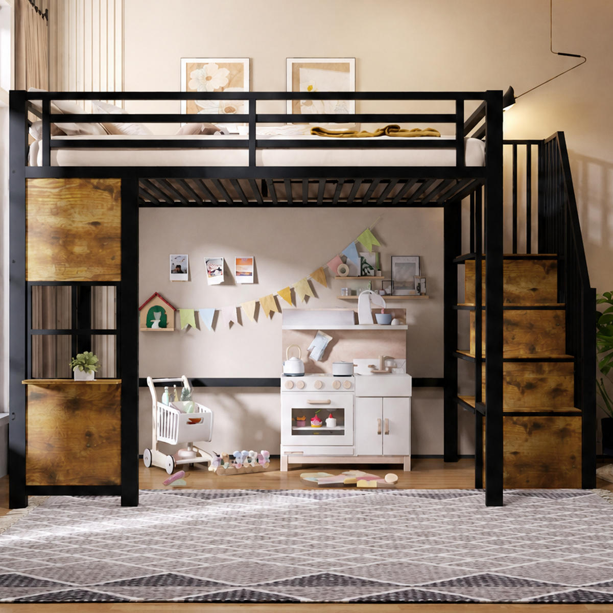 HOCHBETT 140/200 cm Schwarz mit Stauraumtreppe und offener Stauraum - Schwarz, Metall (140/200cm) - Oxeza