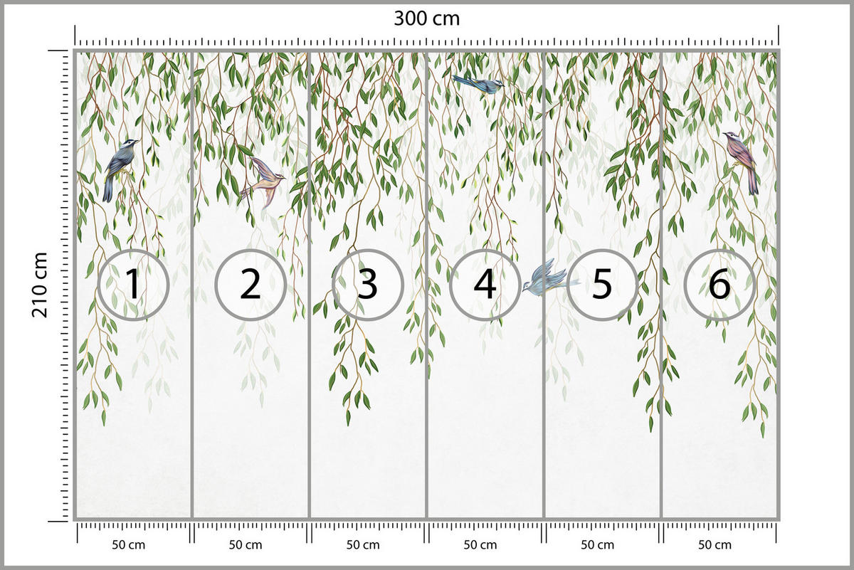 FOTOTAPETE für Schlafzimmer Trauerweide Äste Vögel Frühling Blätter 300x210 - Blau/Beige, Papier (300/210cm) - Muralo