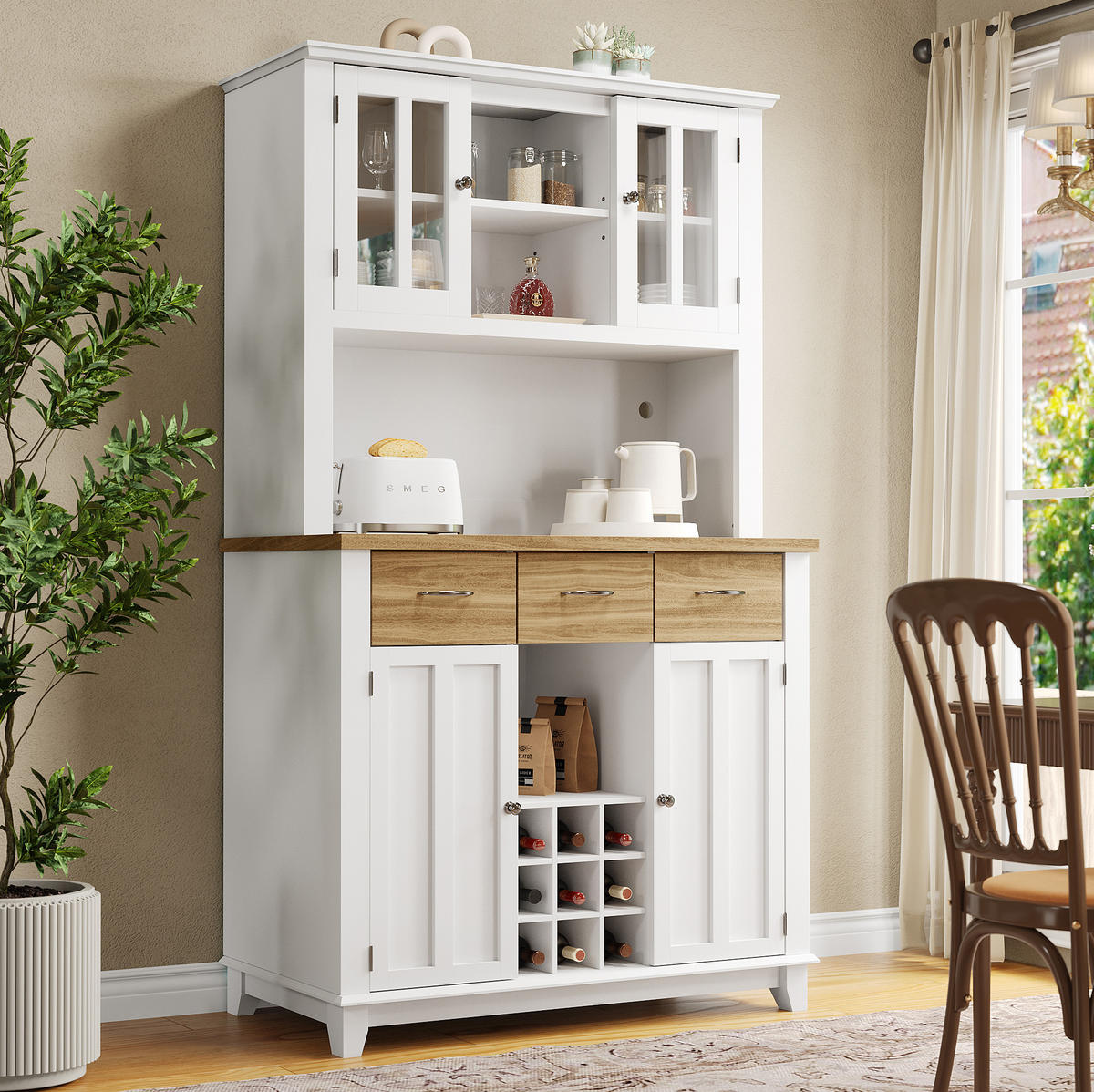 BUFFET 106/40/179,5 cm aus MDF mit LED-Beleuchtung Weiß/Natur - Weiß, Holzwerkstoff (106/179.5/40cm) - Modenvie