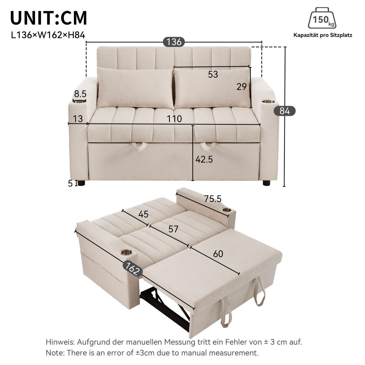 SCHLAFSOFA Baumwollstoff mit 3-fach verstellbarer Rückenlehne Beige 136/162/84 cm - Beige, Textil (84/136/162cm) - Redom