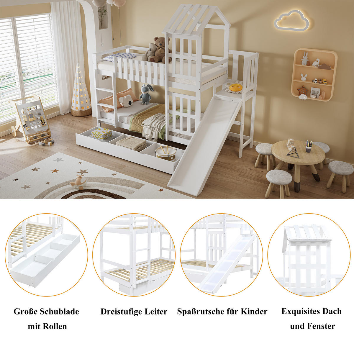 ETAGENBETT Kinderbett mit Rutsche Weiß - Weiß, Holz (90/200cm) - ComfortXL