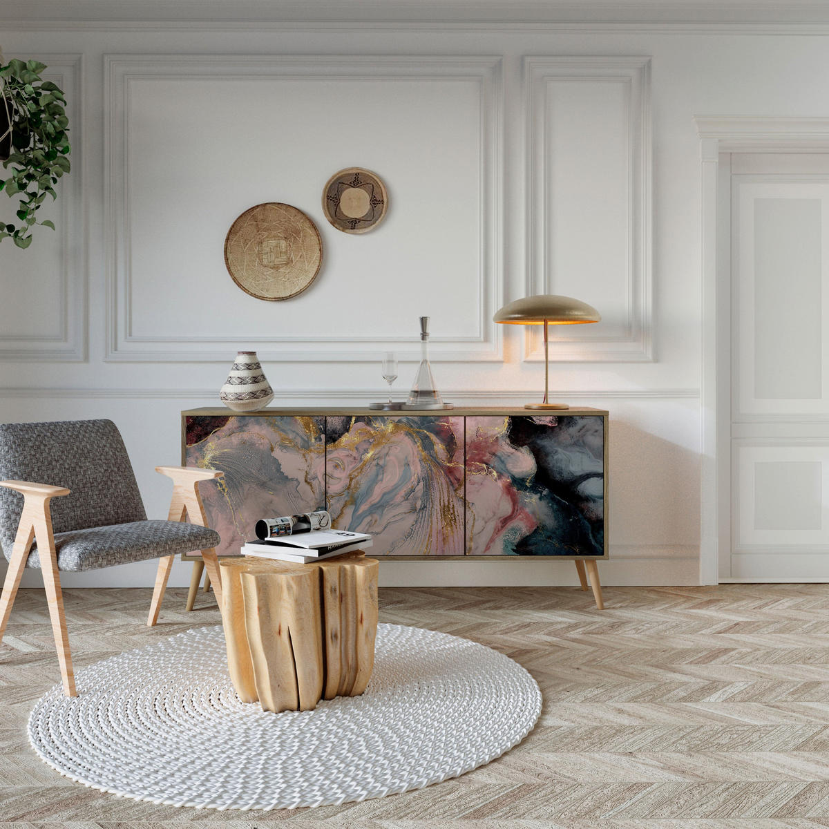 SIDEBOARD GILDED SWIRLS, Eicheneffekt, 164,5x42x77,5 cm, 3 Türen - Eichefarben/Buchefarben, Holzwerkstoff/Buchenholz (164.5/77.5/42cm) - SpaceRebels