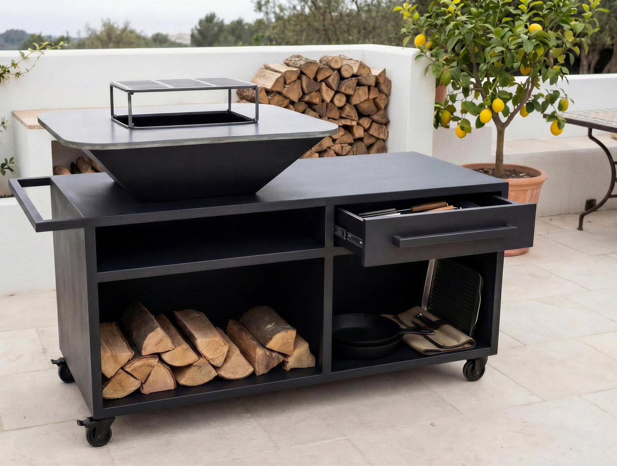 HOLZKOHLEGRILL Feuerschale Schwarz inkl. Schutzhülle - Schwarz, Metall (160/100/80cm) - Purline
