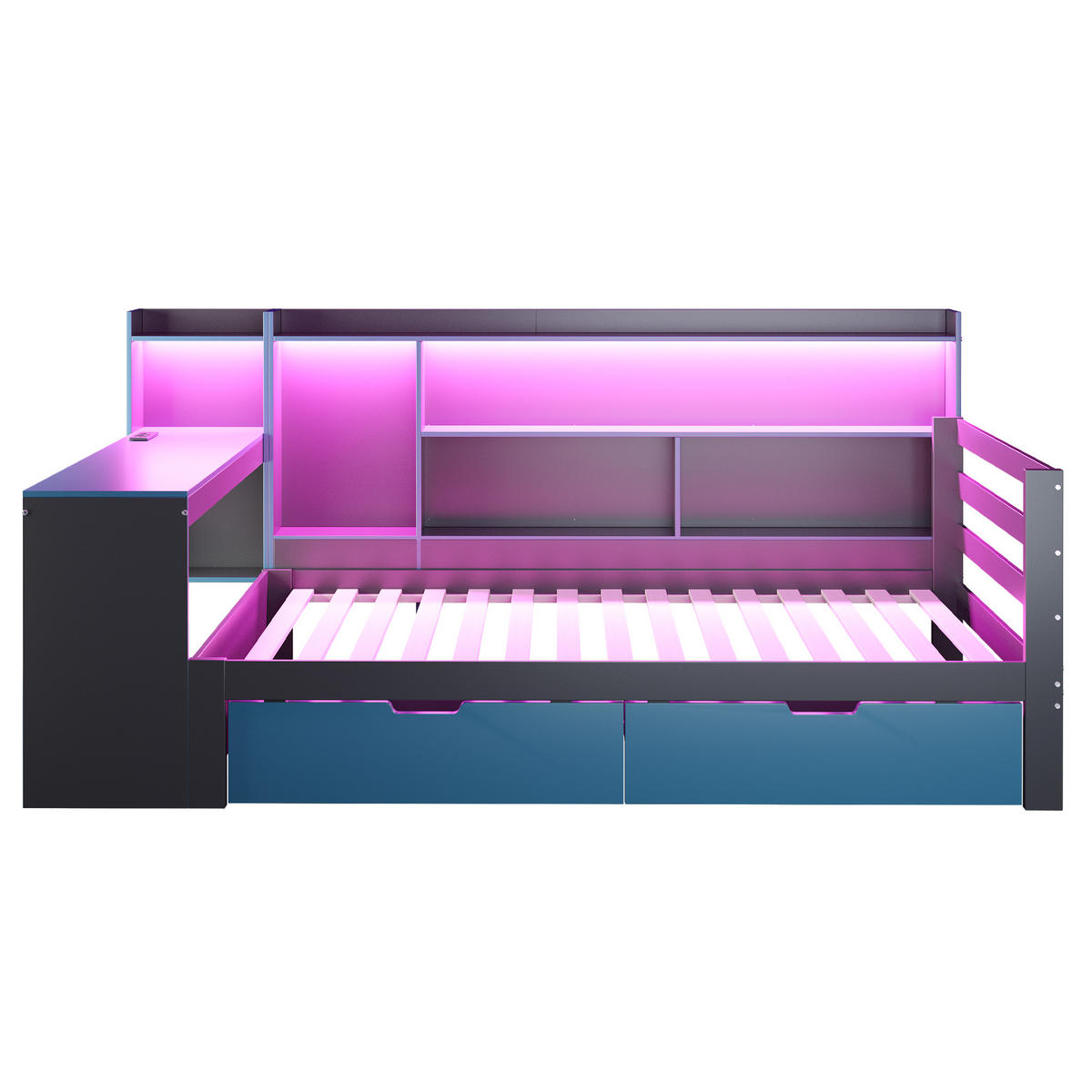 KINDERBETT 90/200 cm DE-01551, in Schwarz + Blau, mit Schreibtisch, Bücherregal und LED - Blau, Holz (90/200cm) - ComfortXL