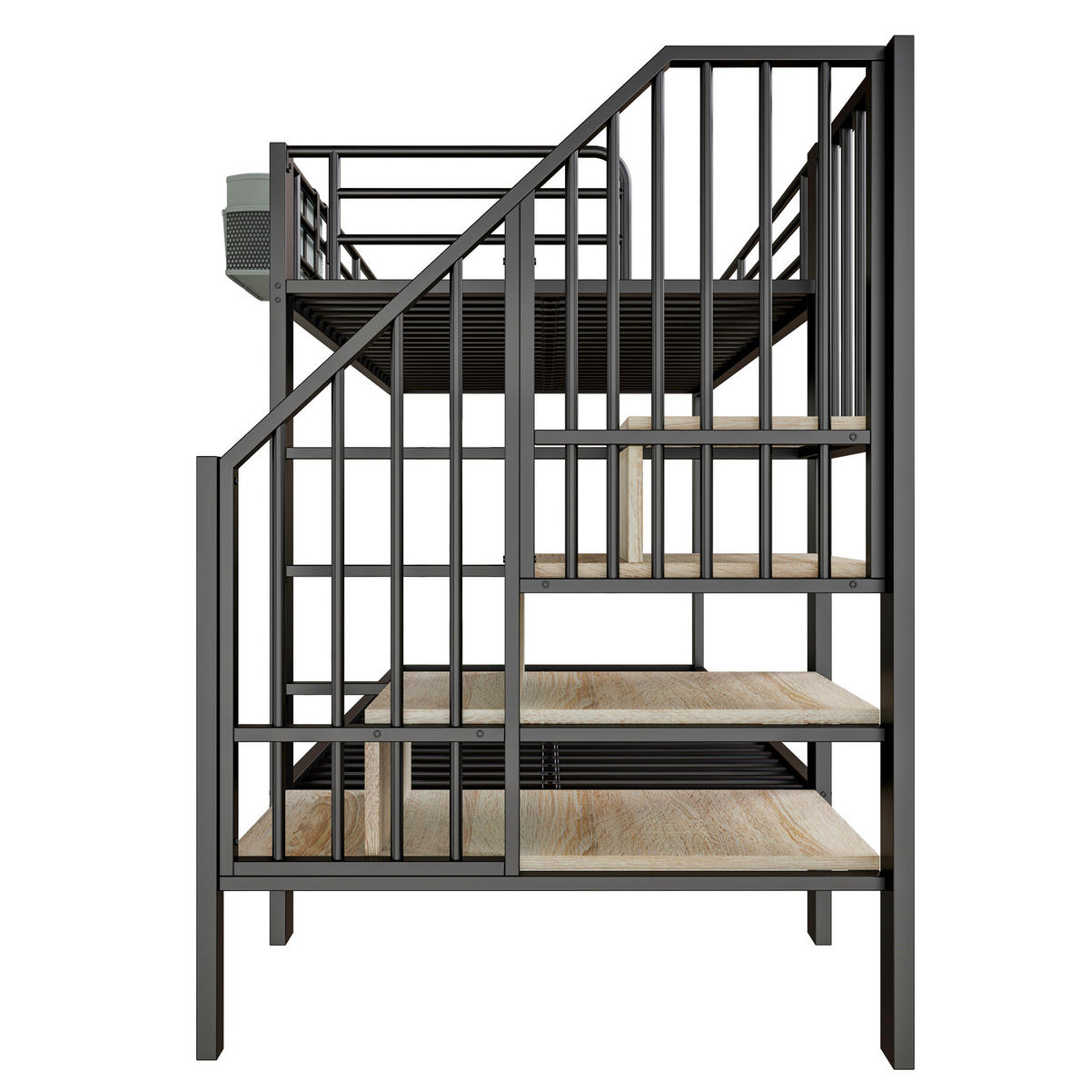 ETAGENBETT 90/200 cm DE-04444, mit Ausziehbett, Treppenstauraum und Stofftasche in Schwarz - Schwarz, Metall (90/200cm) - ComfortXL