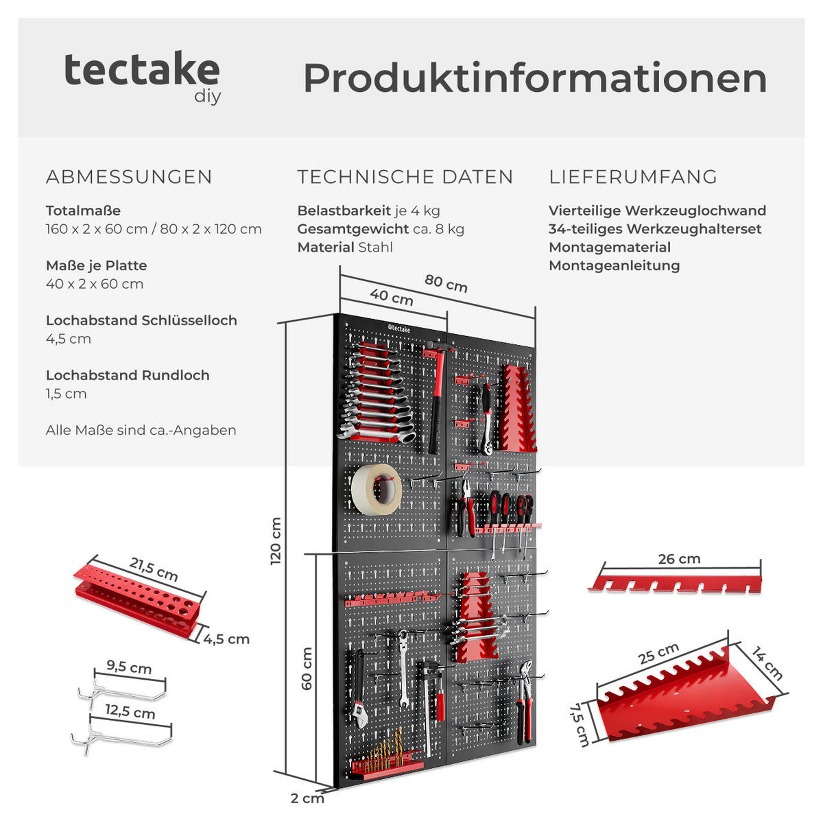 WERKZEUGLOCHWAND Jonah,Belastbarkeit 4 kg pro Platte,schwarz/rot - Rot/Schwarz, Metall (160/60/2cm) - tectake