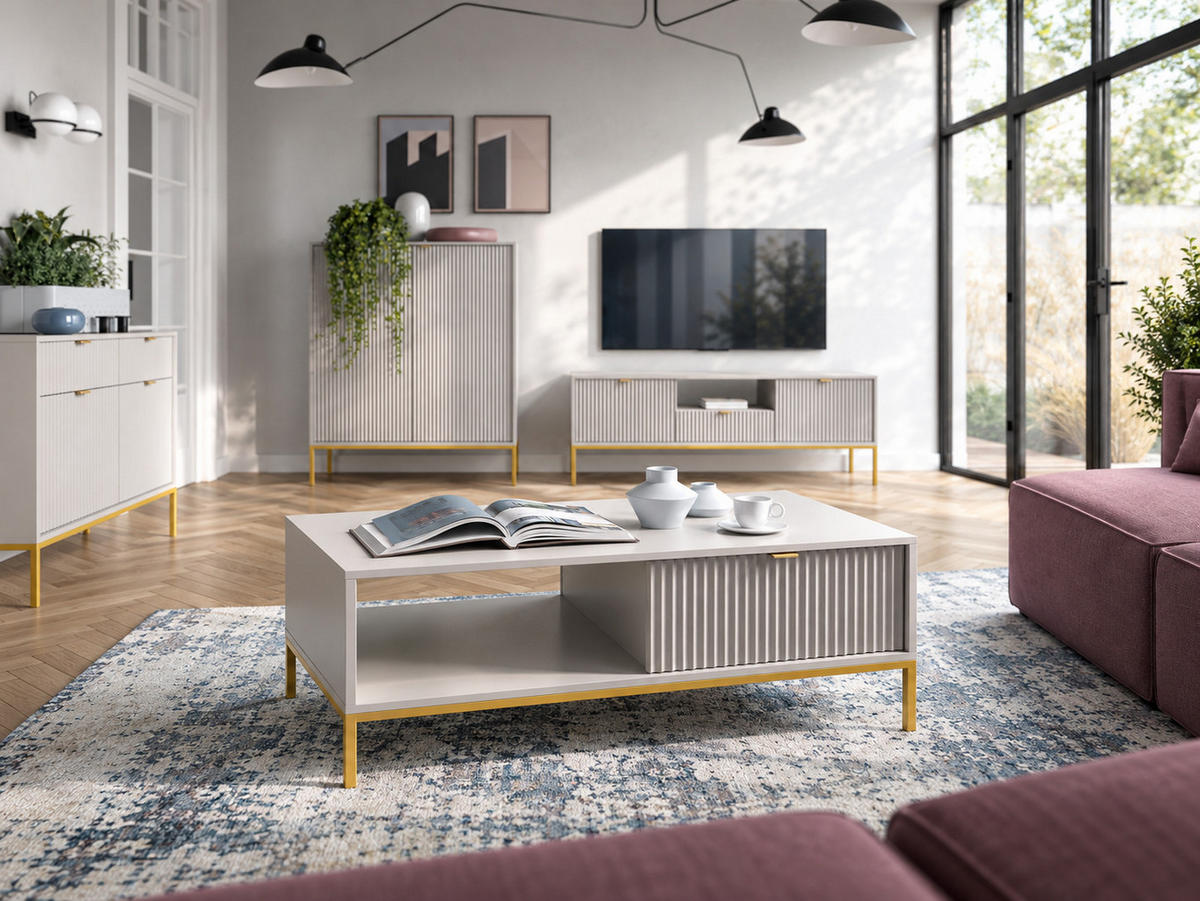 COUCHTISCH Kioto 104 cm in Grau mit Schubladen und Metallbeinen - Goldfarben/Grau, Holzwerkstoff/Metall (68/104/46cm) - Ravio