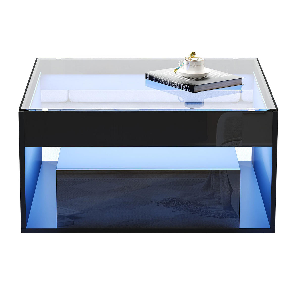 COUCHTISCH 70/70/35 cm Schwarz aus Holzwerkstoff mit LED-Lichtstreifen und 2 Schubladen - Schwarz, Holzwerkstoff (70/70/35cm) - OKWISH