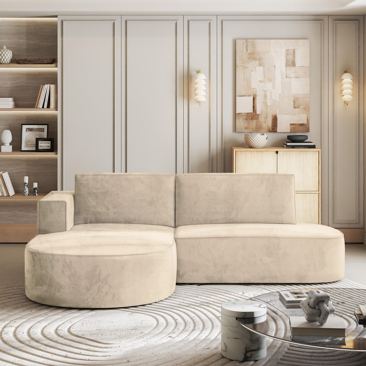 ECKSOFA CORTIO M L-S Creme Velours-Stoff mit Schlaffunktion - Creme/Grau, Holz/Kunststoff (265/174cm) - MASSENO