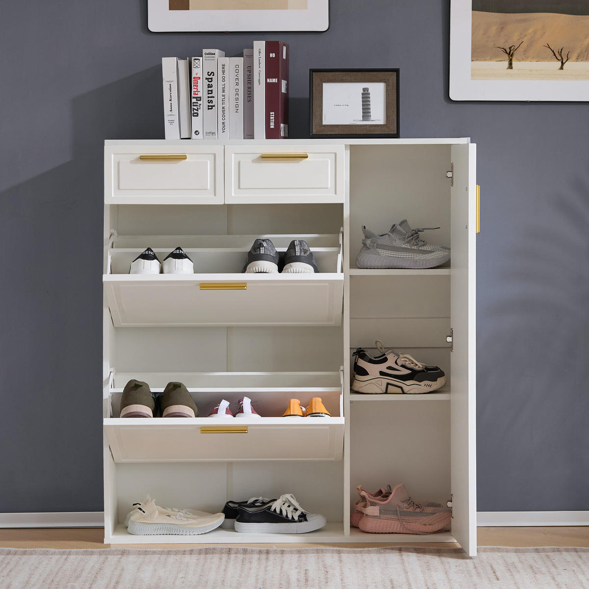 SCHUHSCHRANK aus Spanplatte 95x24x107,5cm in Weiß mit Schubladen - Weiß, Holzwerkstoff (95/107.5/24cm) - Modfu