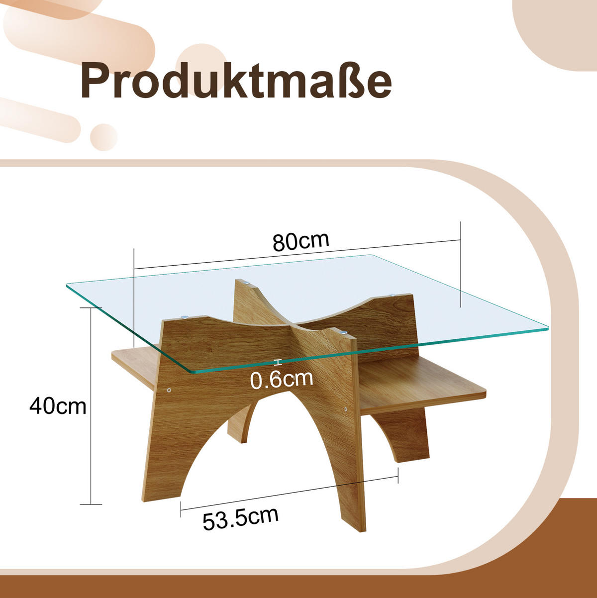 KLUBSKA miza 80/80/40 cm, MDF in varnostno steklo, prosojna/rjava - prozorna, steklo (80/80/40cm) - BEAOK