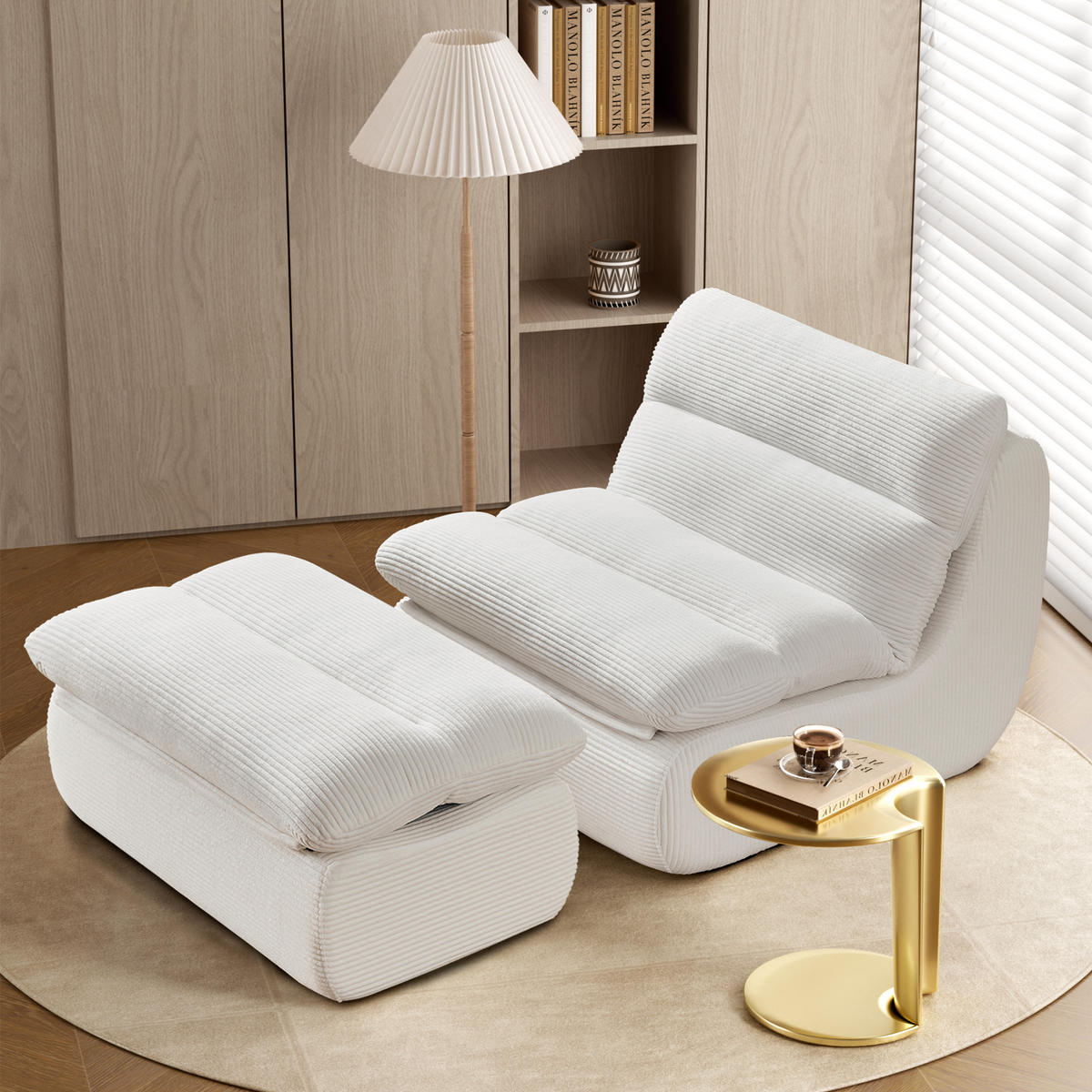 SOFA 101/81/75 cm mit Fußhocker, abnehmbarer Rücken- und Sitzpolsterung aus Cord, Beige - Beige, Textil (81/75/101cm) - Redom