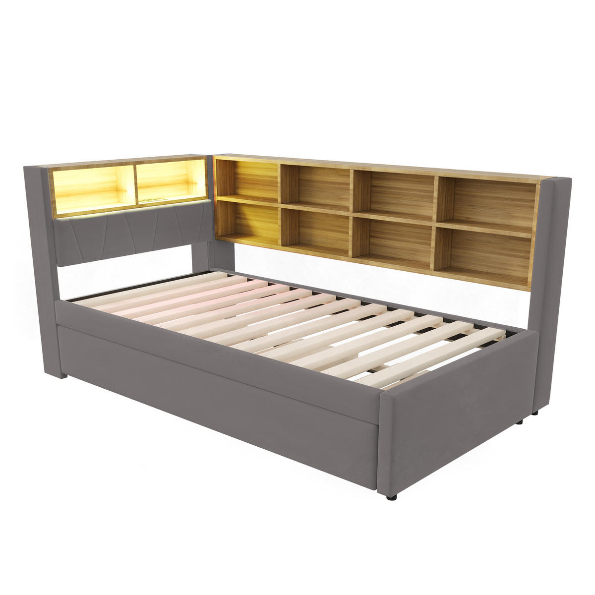 AUSZIEHBETT 90/200 cm DE-02095, in Dunkelgrau, mit LED, Steckdosen und Staufächern - Dunkelgrau, Metall (90/200cm) - ComfortXL