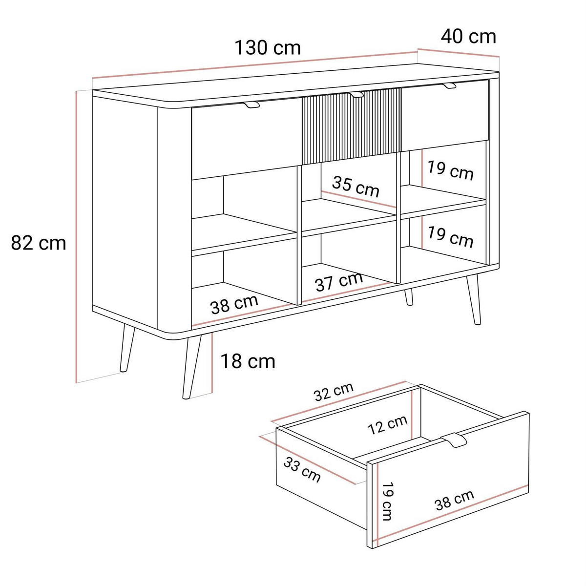 KOMMODE AUTUMN 3D3S auf hohen Beinen, Kaschmir / Nussbaum - Beige, Holzwerkstoff (130/82/40cm) - Lookway