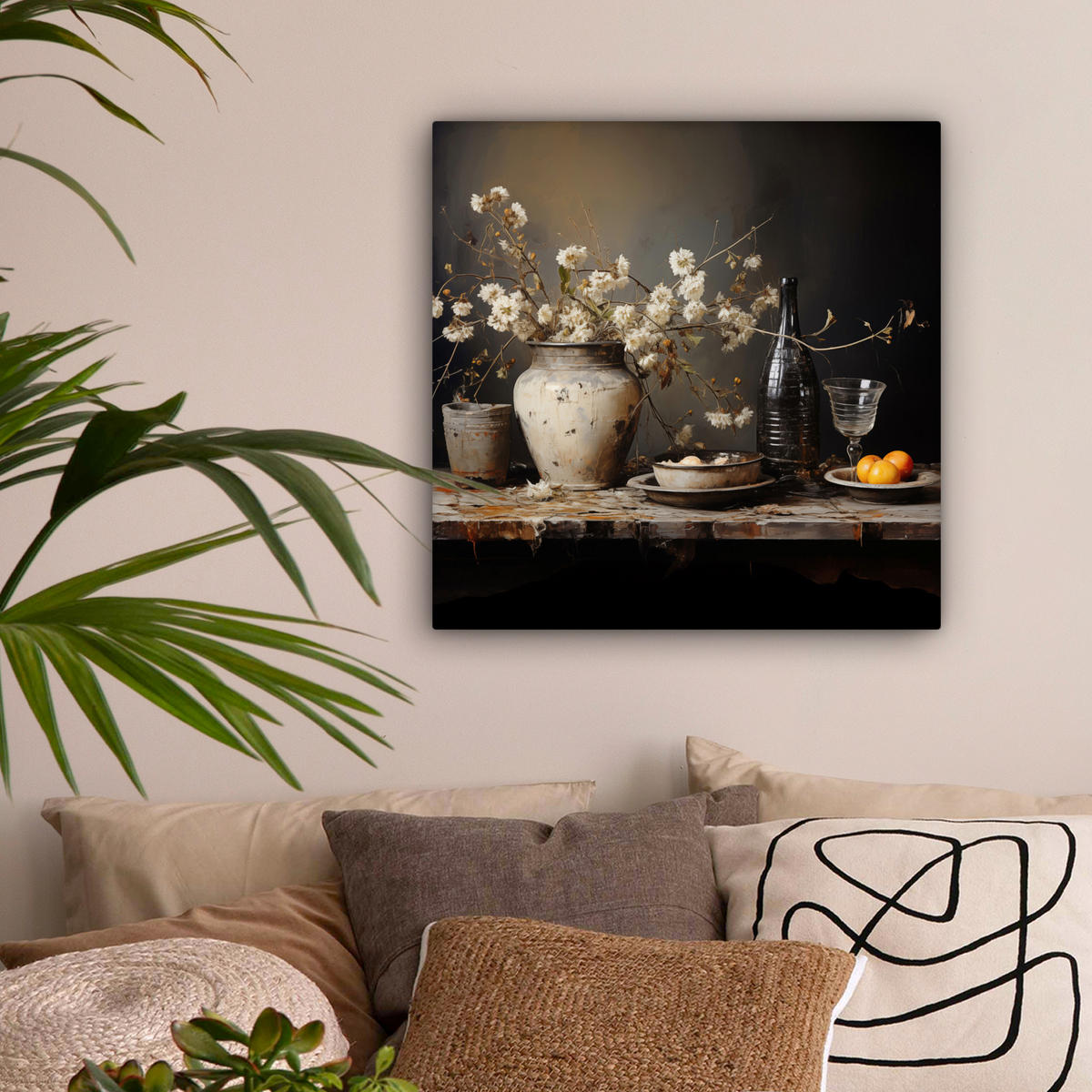 LEINWANDBILD Stilleben - Blumen - Blumenstrauß - Vase - Wein Wandbild Wohnzimmer 50x50 cm - Schwarz, Textil (50/50cm) - MuchoWow