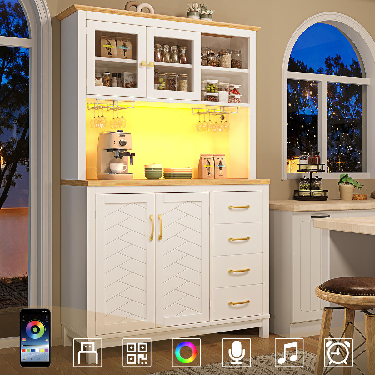 HIGHBOARD in Weiß Küchenschrank mit LED-Beleuchtung und Schubladen für Küche und Wohnzimmer, B105.5/T40/H180 cm - Weiß, Glas/Holzwerkstoff (105.5/180/40cm) - STILVORA