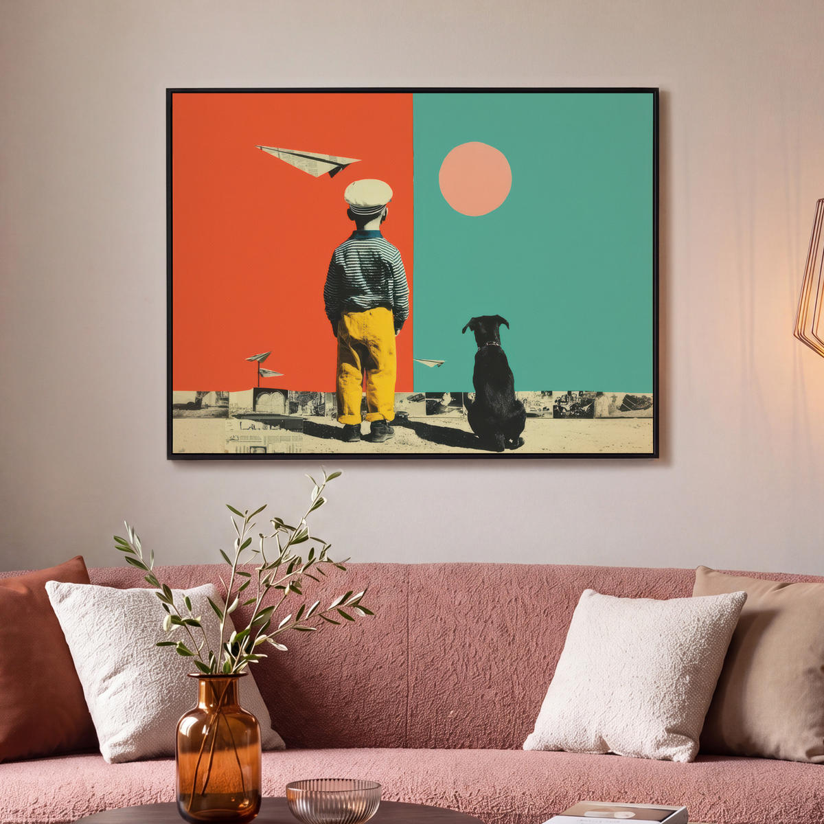 LEINWAND Bilder mit Rahmen - Retro - Junge - Hund - Rot - Grün - 100x70 - Orange, Textil (100/70cm) - MuchoWow