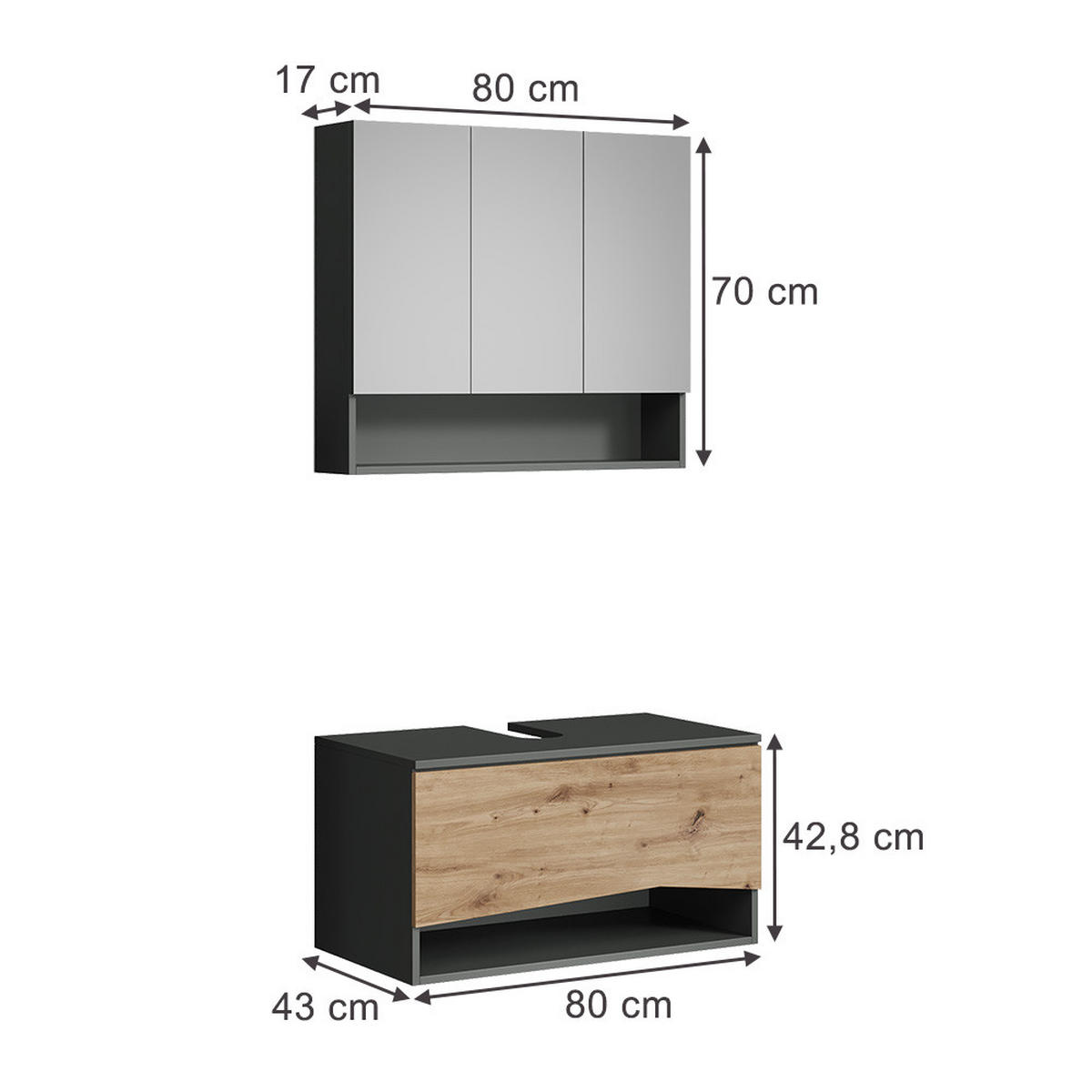 BADMÖBEL-SET Willow Artisan 2 Teile - Anthrazit/Hellgrau, Holzwerkstoff (80/42.8/43cm) - Vicco